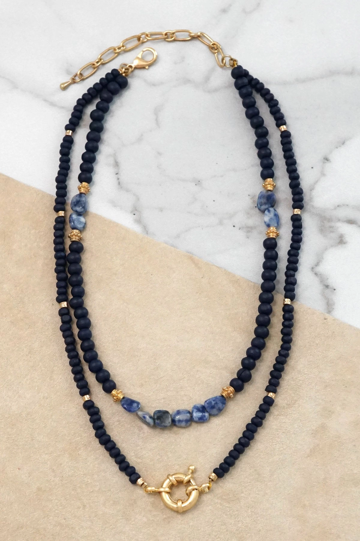 Multi Strand Stone and Wooden Beads Short Statement Necklace in Blue and Gold For Healing
