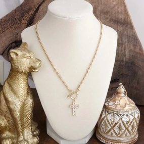 Art Lover Gift Radiant Devotion ?C Crystal Cross Toggle Necklace in Gold
