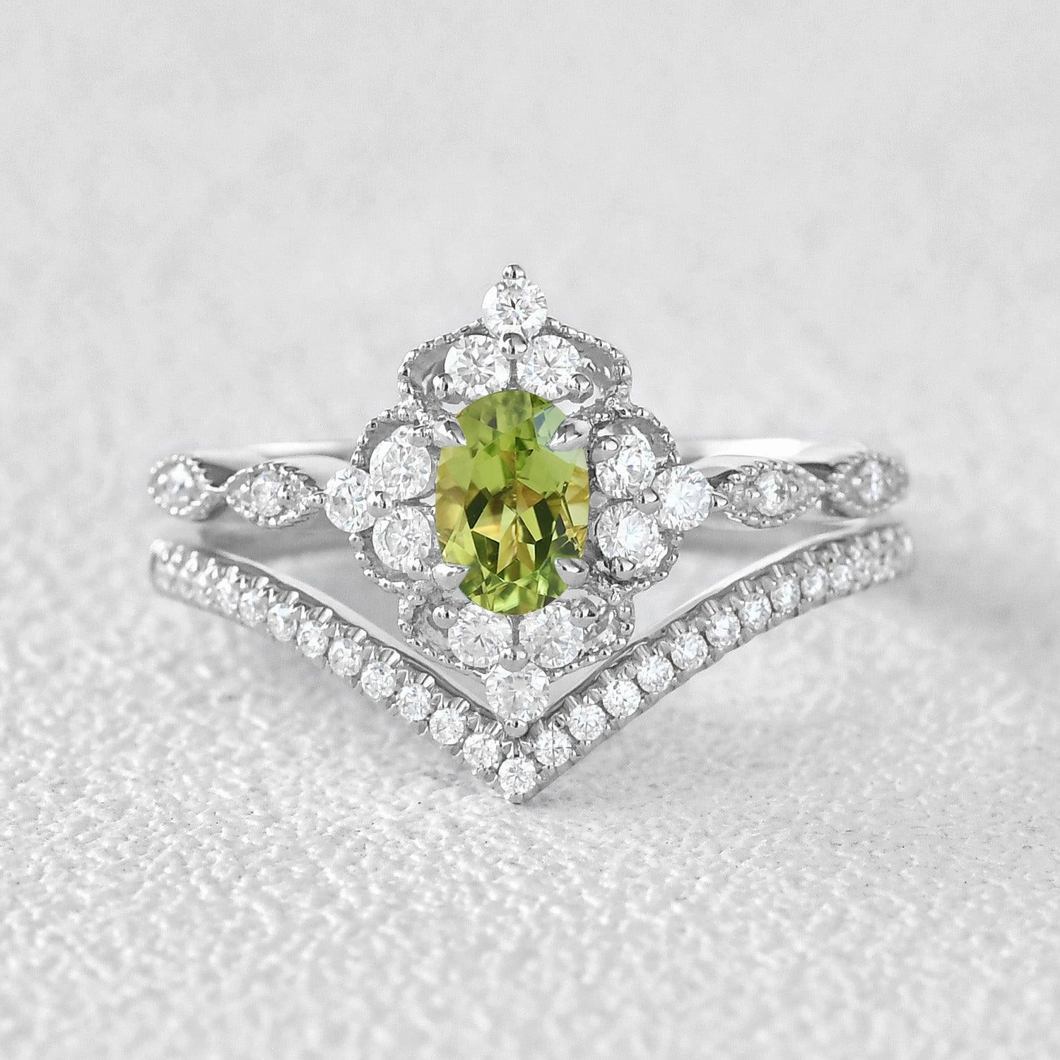 Peridot & Moissanite Vintage Inspired Ring Set 2pcs Modern Fashion