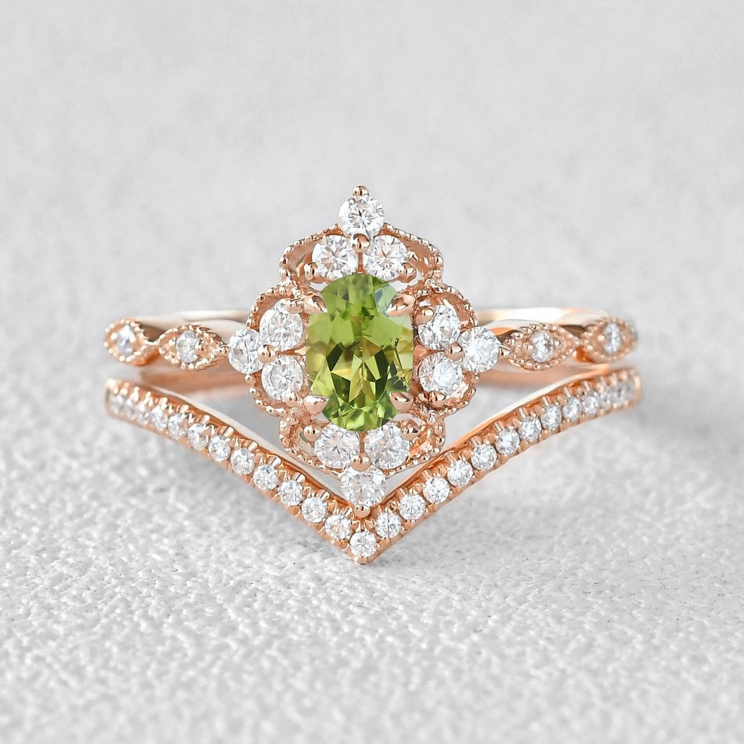 Peridot & Moissanite Vintage Inspired Ring Set 2pcs Boho Mood Chic Pulse