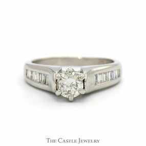 Round Diamond Solitaire Engagement Ring with Baguette Cut Diamond Accents in Platinum Style Staple