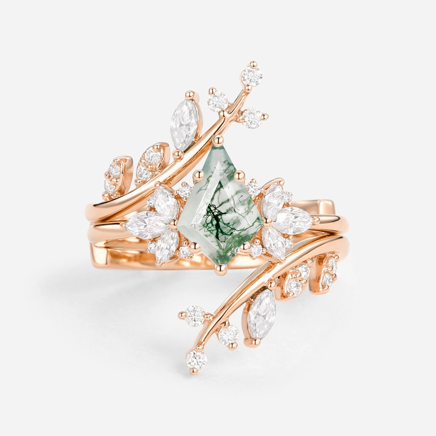 Nature Inspired Kite Cut Moss Agate Cage Leafy Ring 2pcs Glamorous Shine