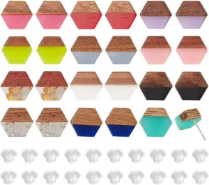 PH PandaHall 12 Colors Wood Resin Stud Earrings 12 Pairs Boho Stud Earrings Hexagon Earring Studs Post Walnut Wood Statement with 316 Stainless Steel Pin for Women Summer Beach Jewelry Gifts