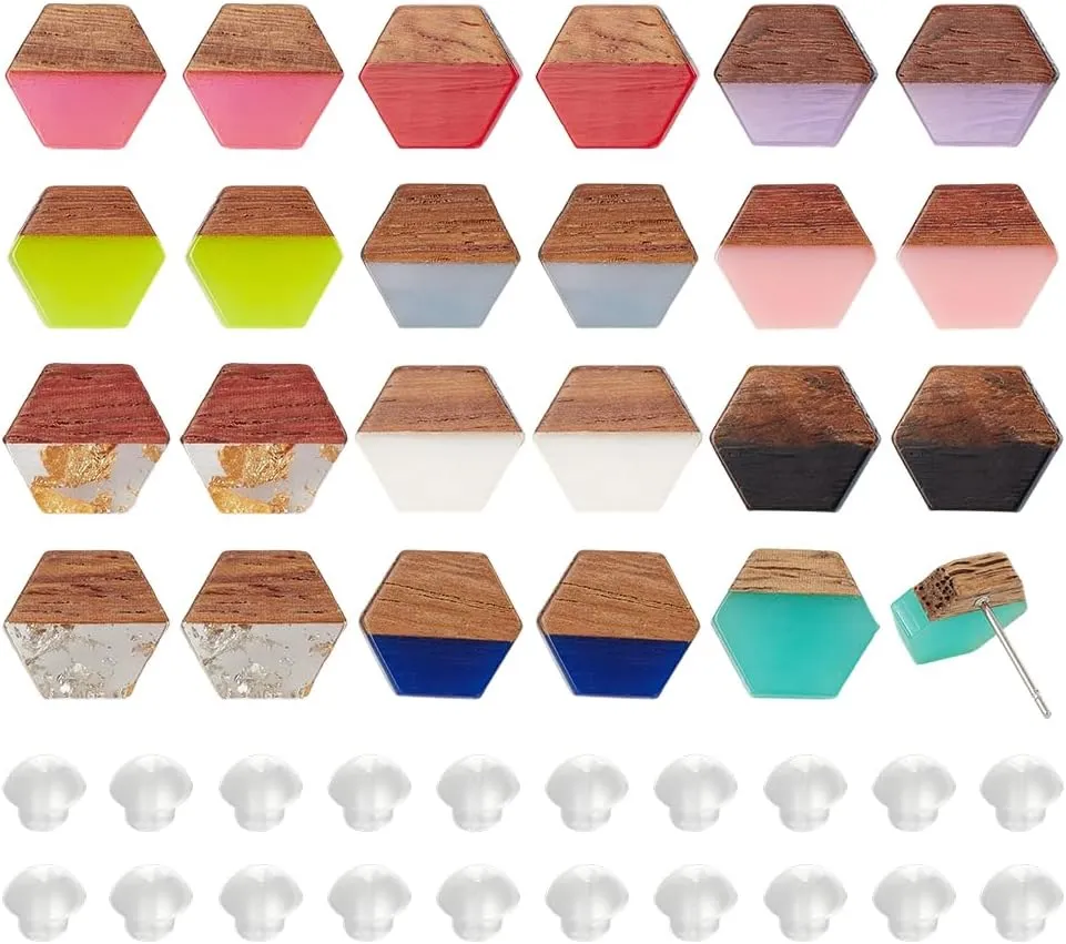 PH PandaHall 12 Colors Wood Resin Stud Earrings 12 Pairs Boho Stud Earrings Hexagon Earring Studs Post Walnut Wood Statement with 316 Stainless Steel Pin for Women Summer Beach Jewelry Gifts