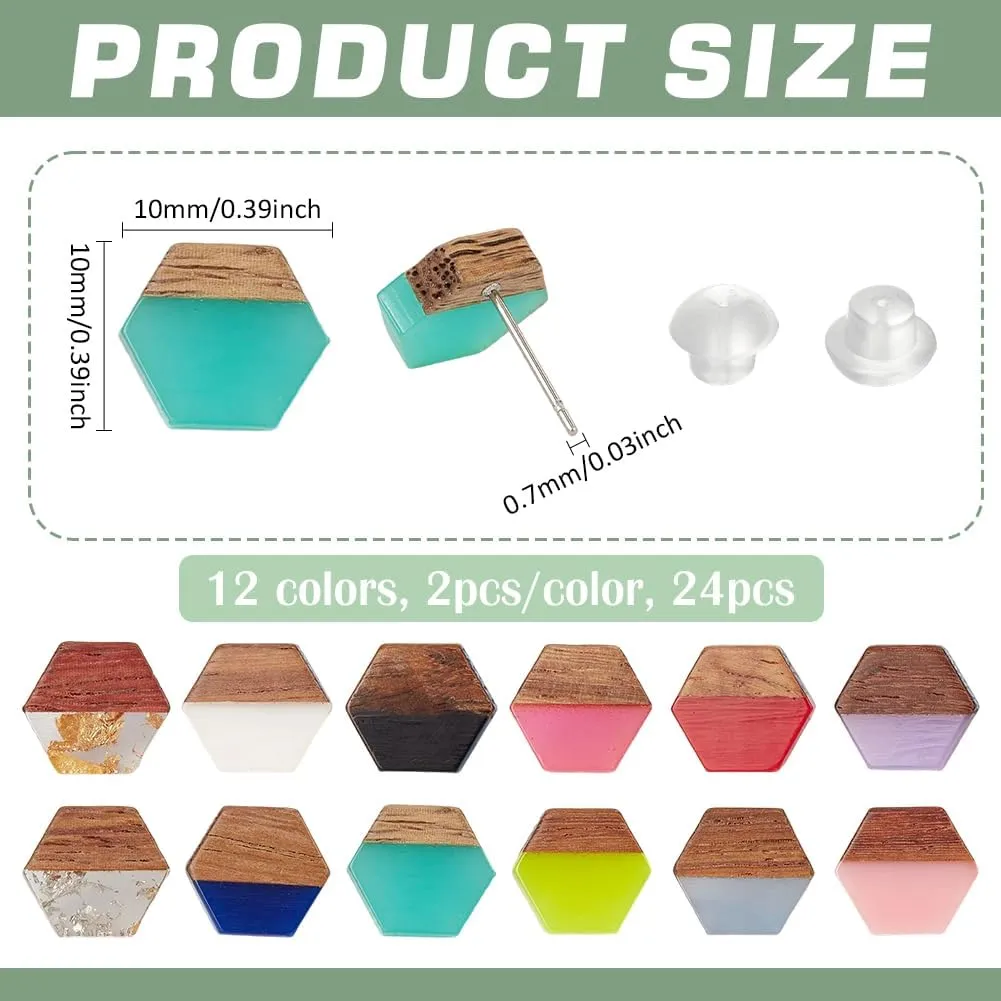 PH PandaHall 12 Colors Wood Resin Stud Earrings 12 Pairs Boho Stud Earrings Hexagon Earring Studs Post Walnut Wood Statement with 316 Stainless Steel Pin for Women Summer Beach Jewelry Gifts