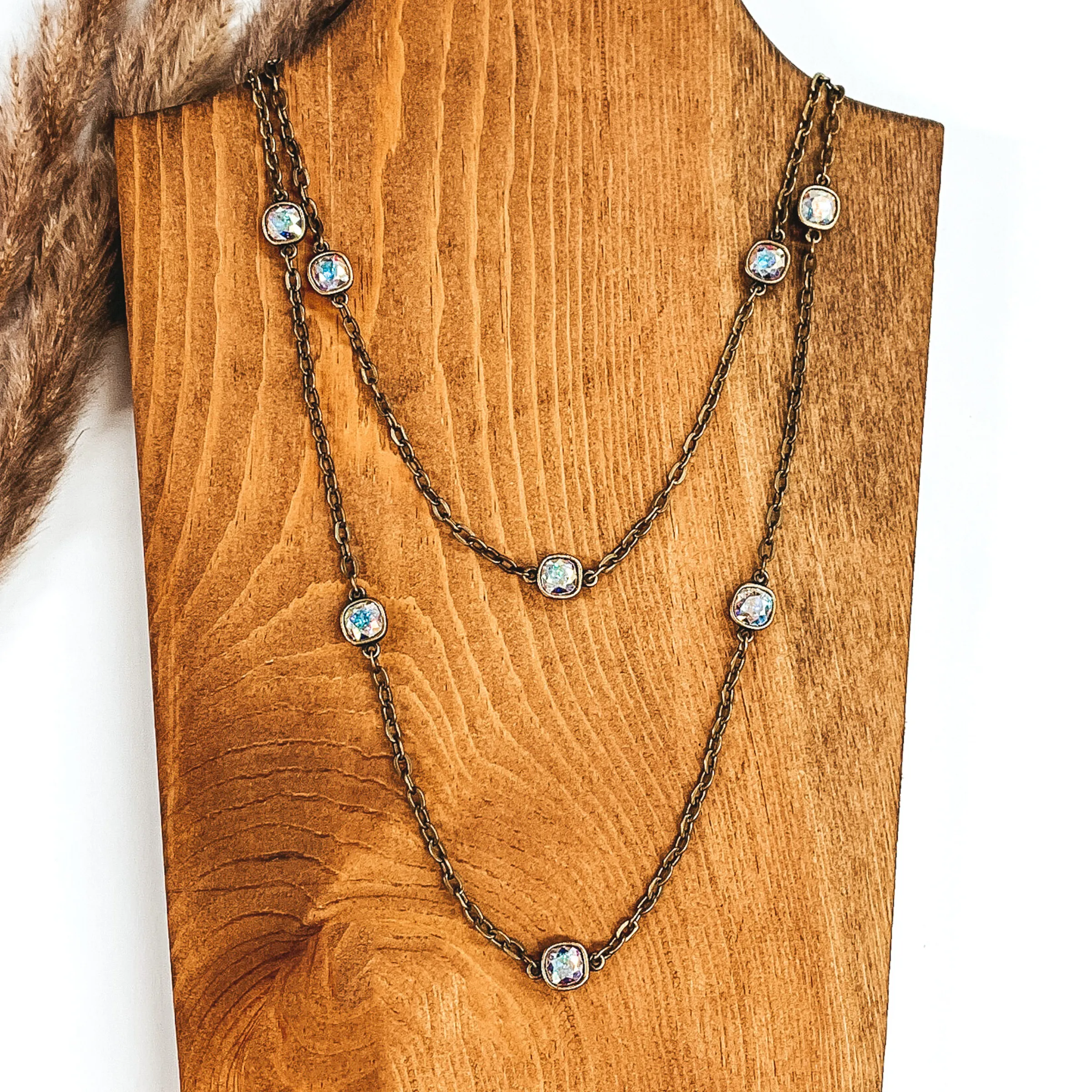 Pink Panache | Long Bronze Chain Link Necklace with AB Crystal Spacers