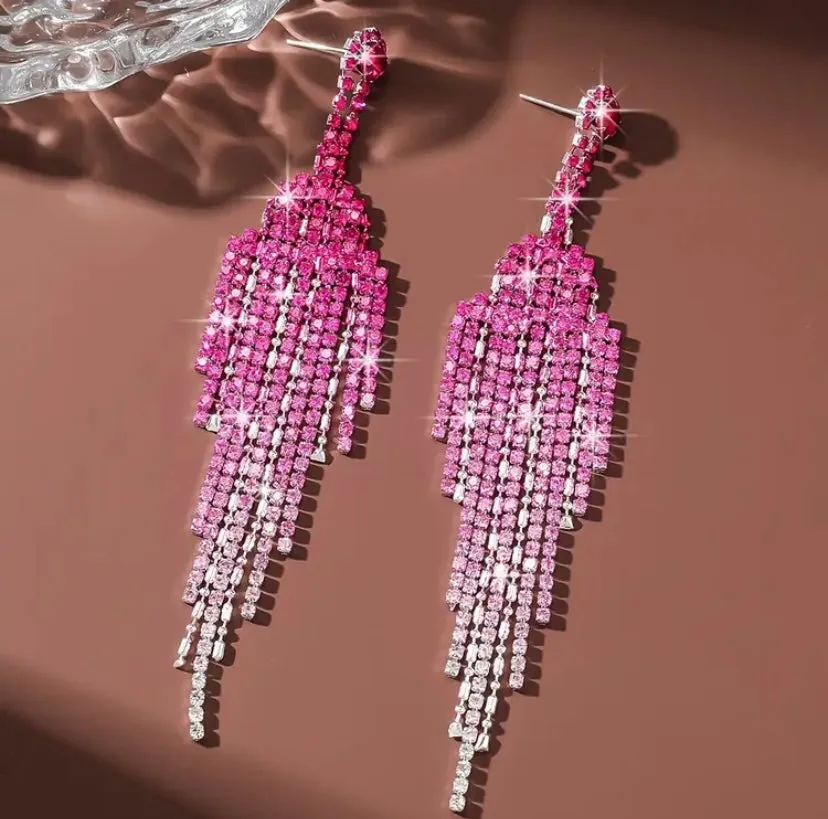 Pink Rhinestone Chandelier Tassel Dangle Earrings