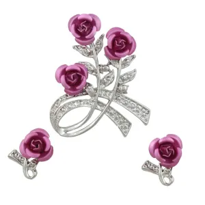 Pink Roses Brooch Pin with Rose Earring Gift Set - PRL421SBS