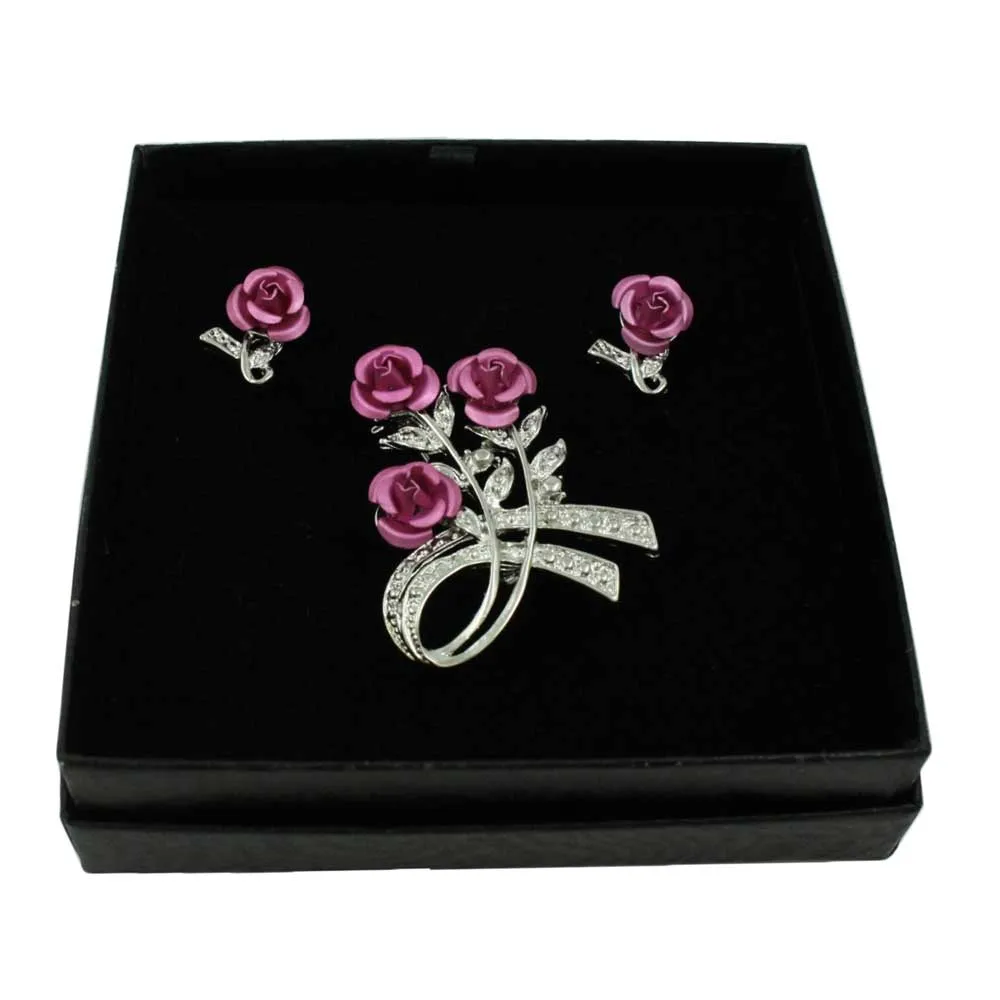 Pink Roses Brooch Pin with Rose Earring Gift Set - PRL421SBS