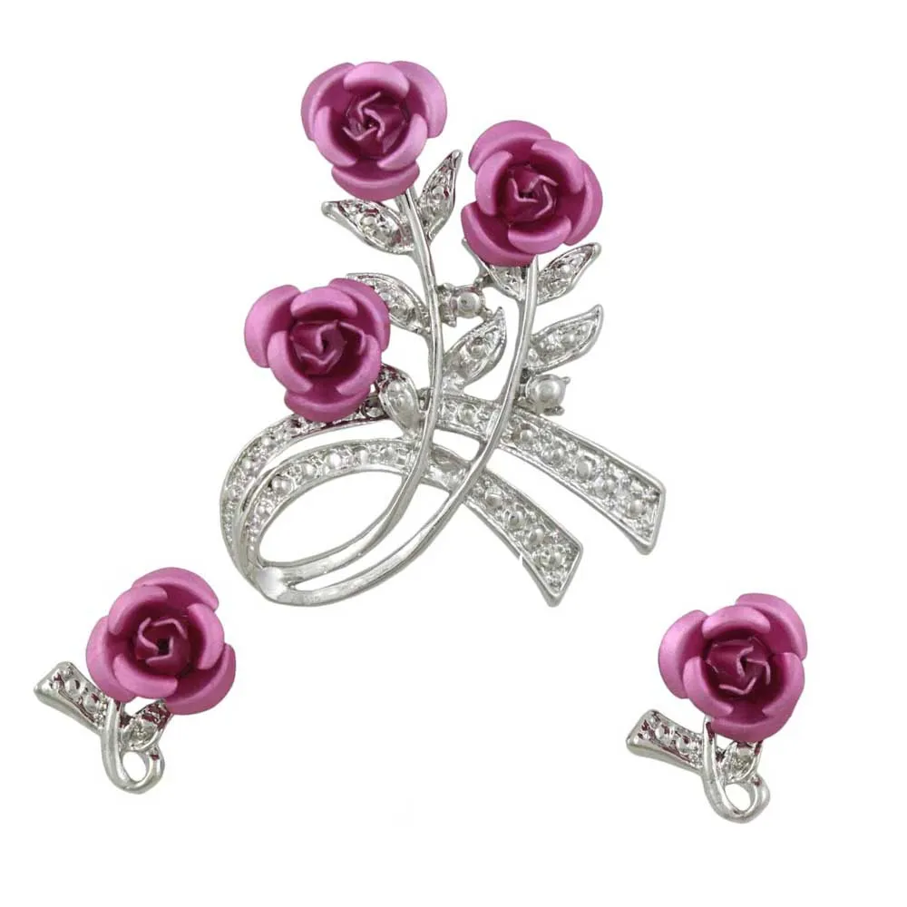 Pink Roses Brooch Pin with Rose Earring Gift Set - PRL421SBS