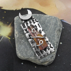 Bright Shine Pink Elbaite Tourmaline Crescent Moon & Runes Pendant, Handmade Metal Clay Fine Silver