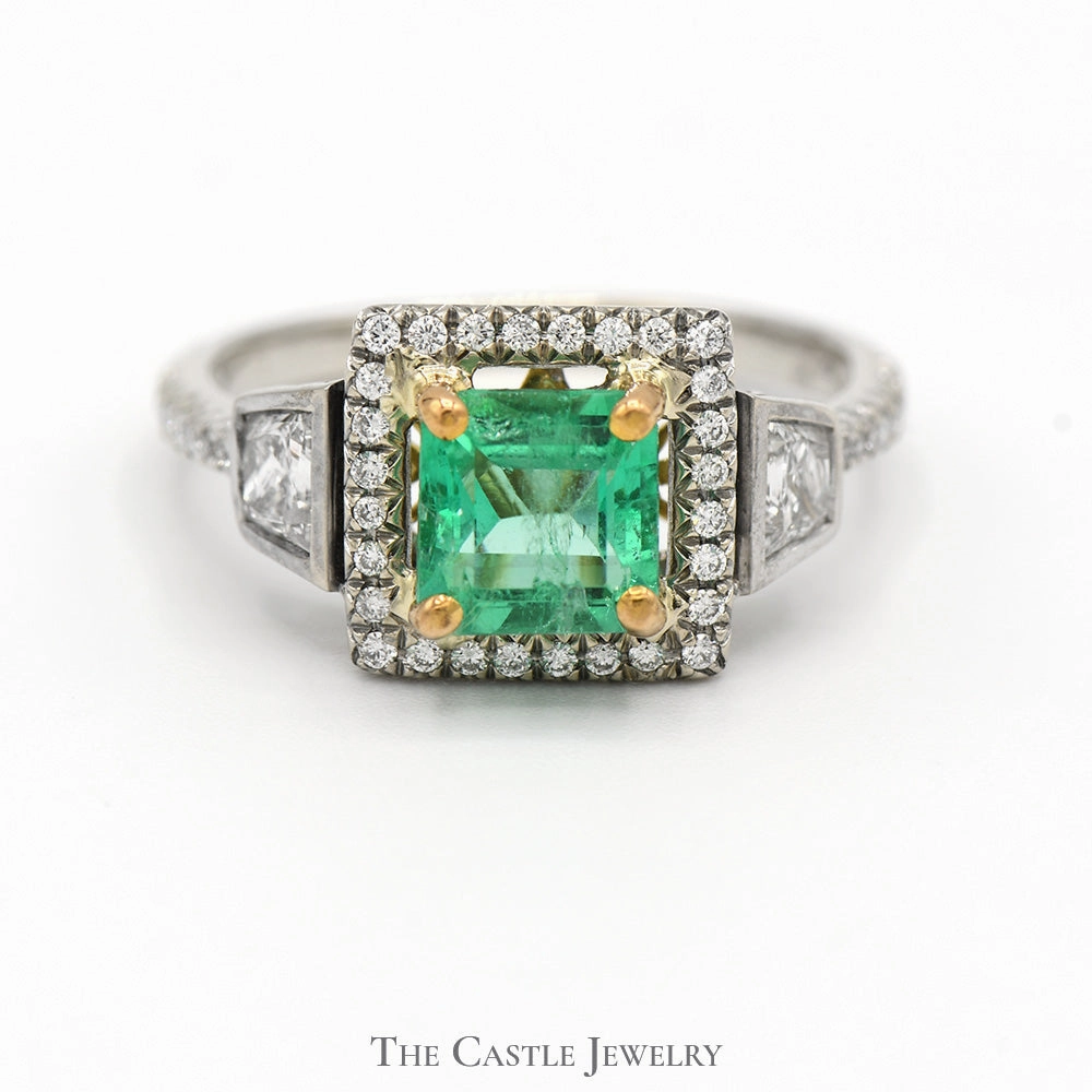 Square Emerald Ring with Diamond Halo and Diamond Accents in 18k Two Tone Gold High-End Style