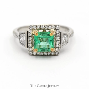 Square Emerald Ring with Diamond Halo and Diamond Accents in 18k Two Tone Gold High-End Style