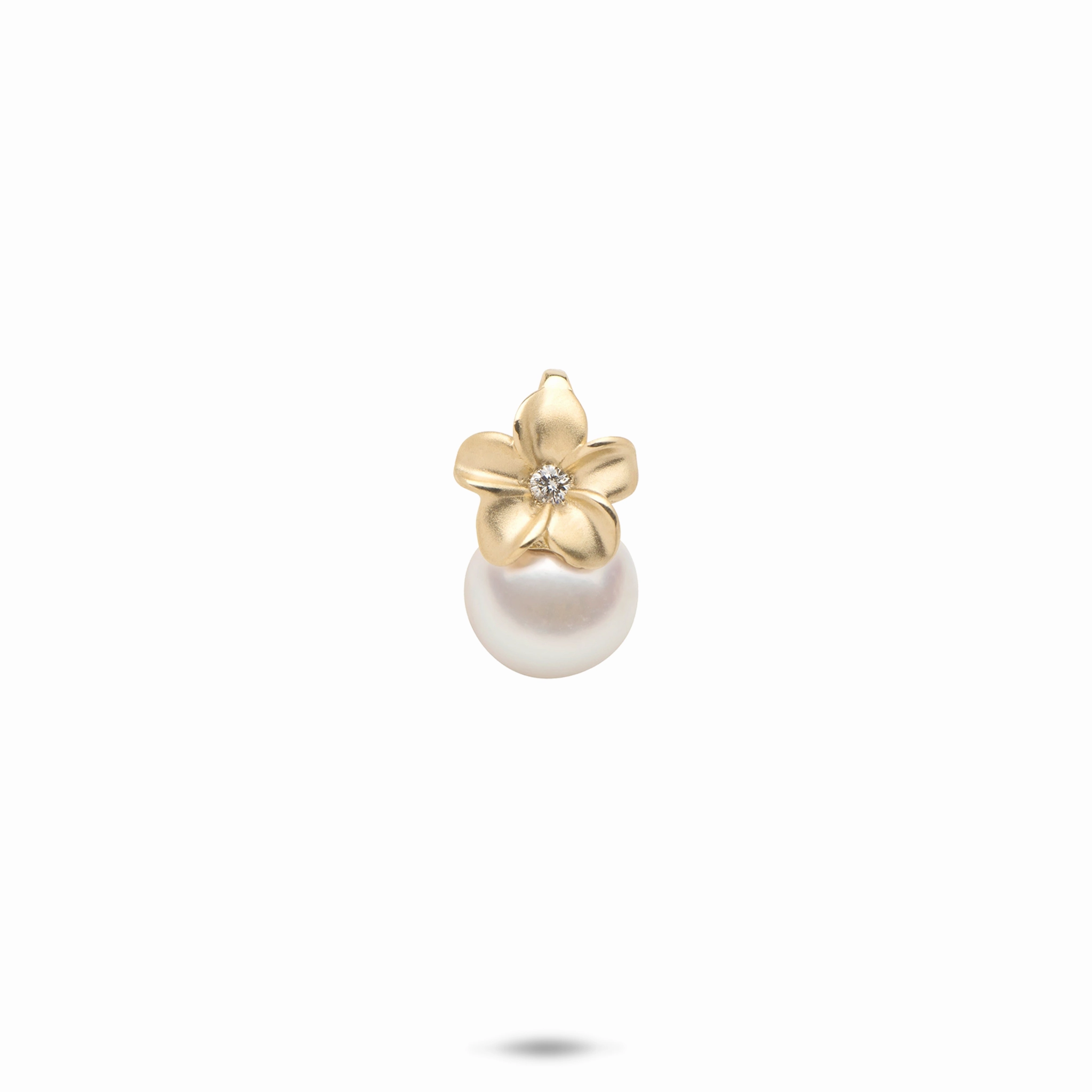 Plumeria Akoya White Pearl Pendant in Gold with Diamond - 8mm Sleek Outline