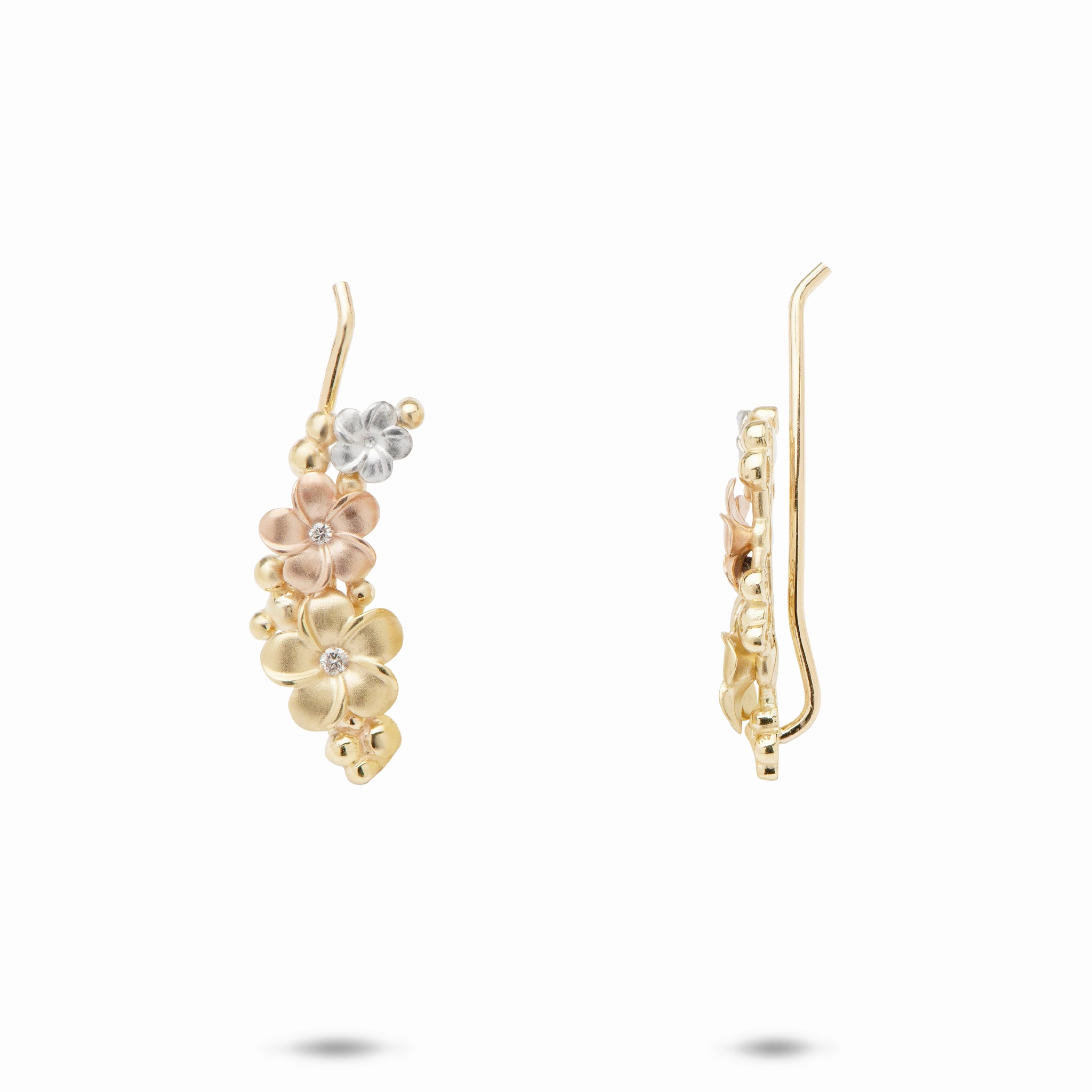 Monochrome Fit Plumeria Climber Climber Earrings in Tri Color Gold with Diamonds