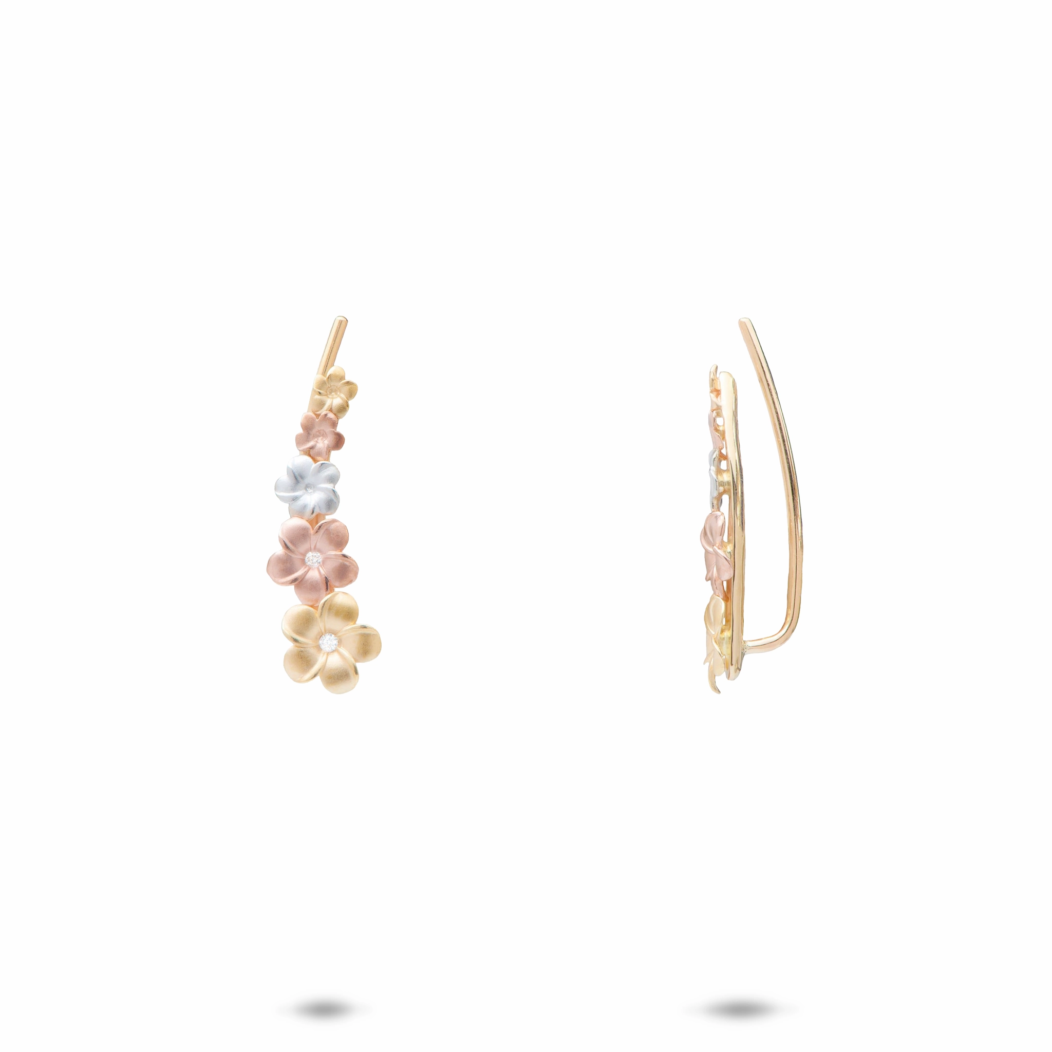 Plumeria Climber Earrings in Tri Color Gold with Diamonds - 19mm High Class Premium Piece