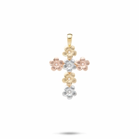 Cool Detail Plumeria Cross Pendant with Diamonds in Tri Color Gold - 25mm