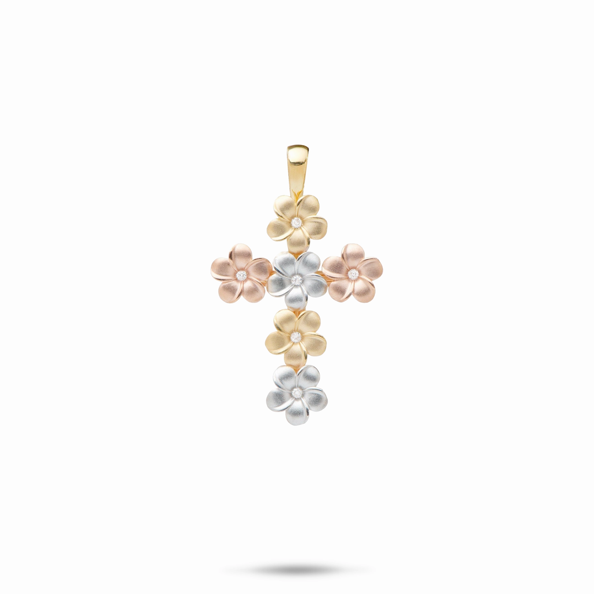 Refined Quality Plumeria Cross Pendant with Diamonds in Tri Color Gold - 25mm