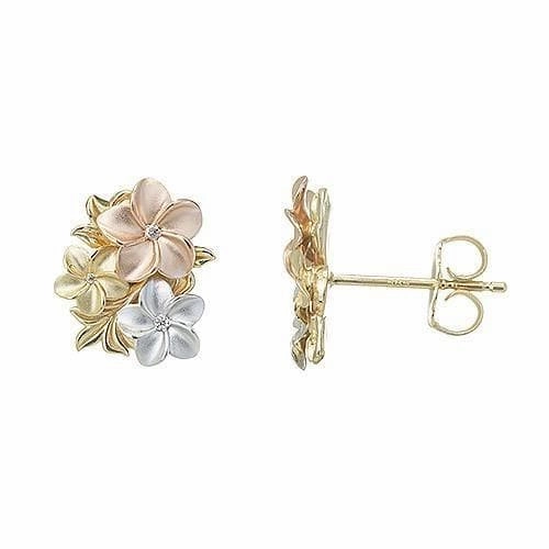 Plumeria Earrings in Tri Color Gold with Diamonds Charming Design Evening Mood