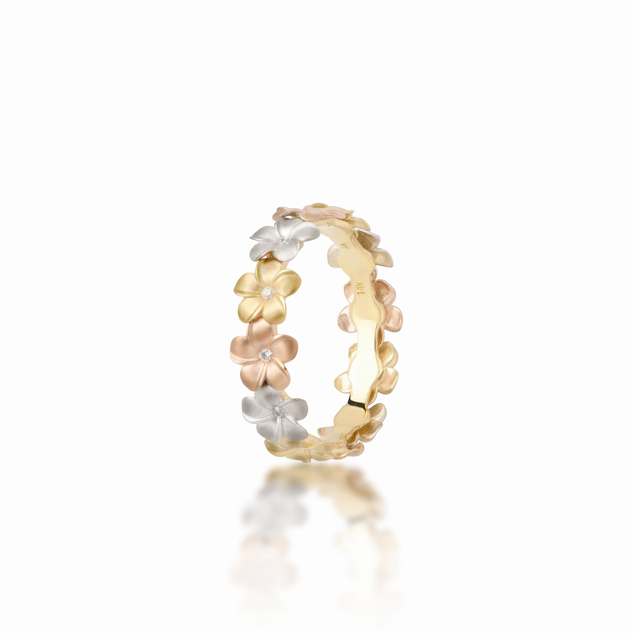 Street Style Distinctive Appeal Plumeria Eternity Ring in Tri Color Gold with Diamonds - 5mm