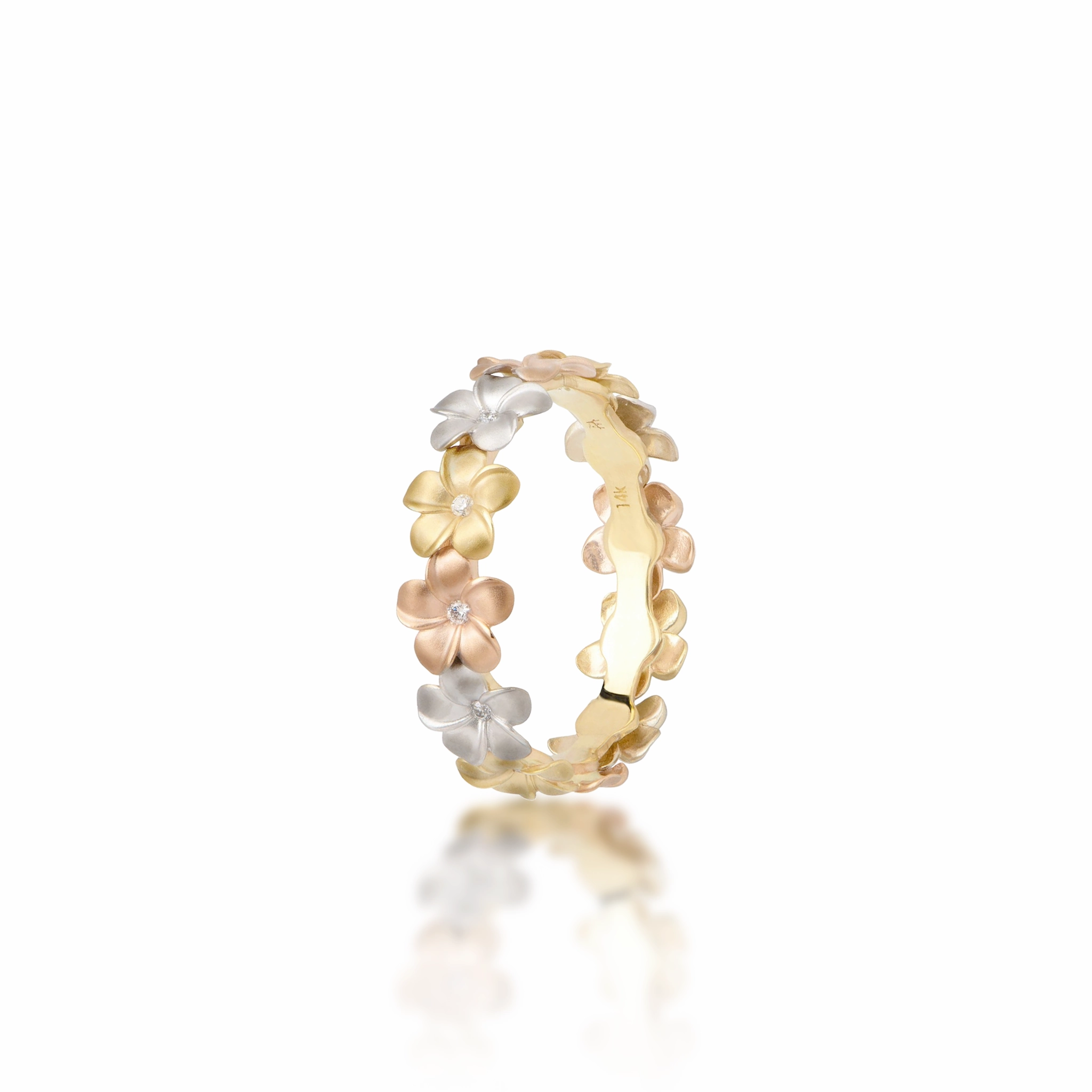 Birthday Surprise Elegant Finish Plumeria Eternity Ring in Tri Color Gold with Diamonds - 5mm