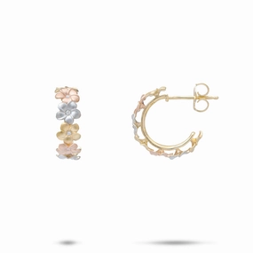 Plumeria Hoop Earrings in Tri Color Gold with Diamonds Textured Highlight Gloss Finish