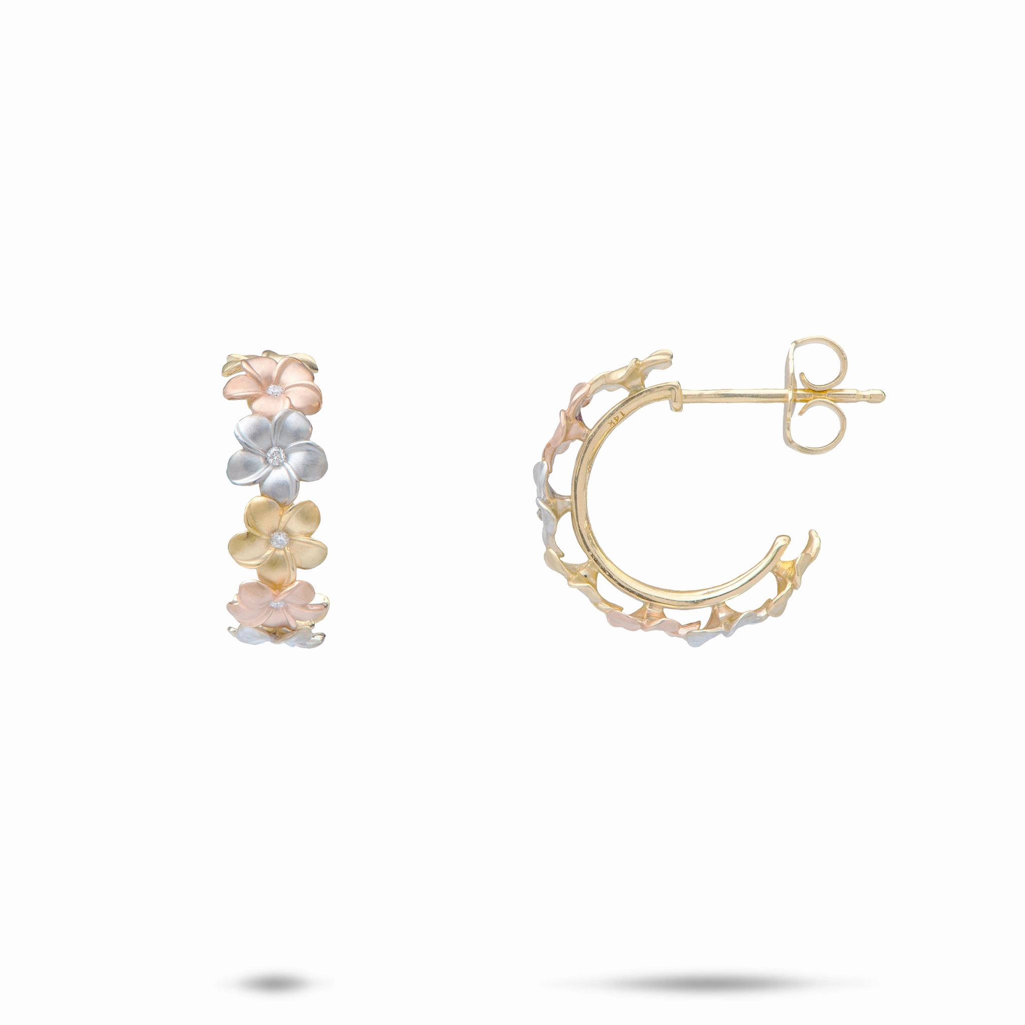 Plumeria Hoop Earrings in Tri Color Gold with Diamonds Textured Highlight Gloss Finish