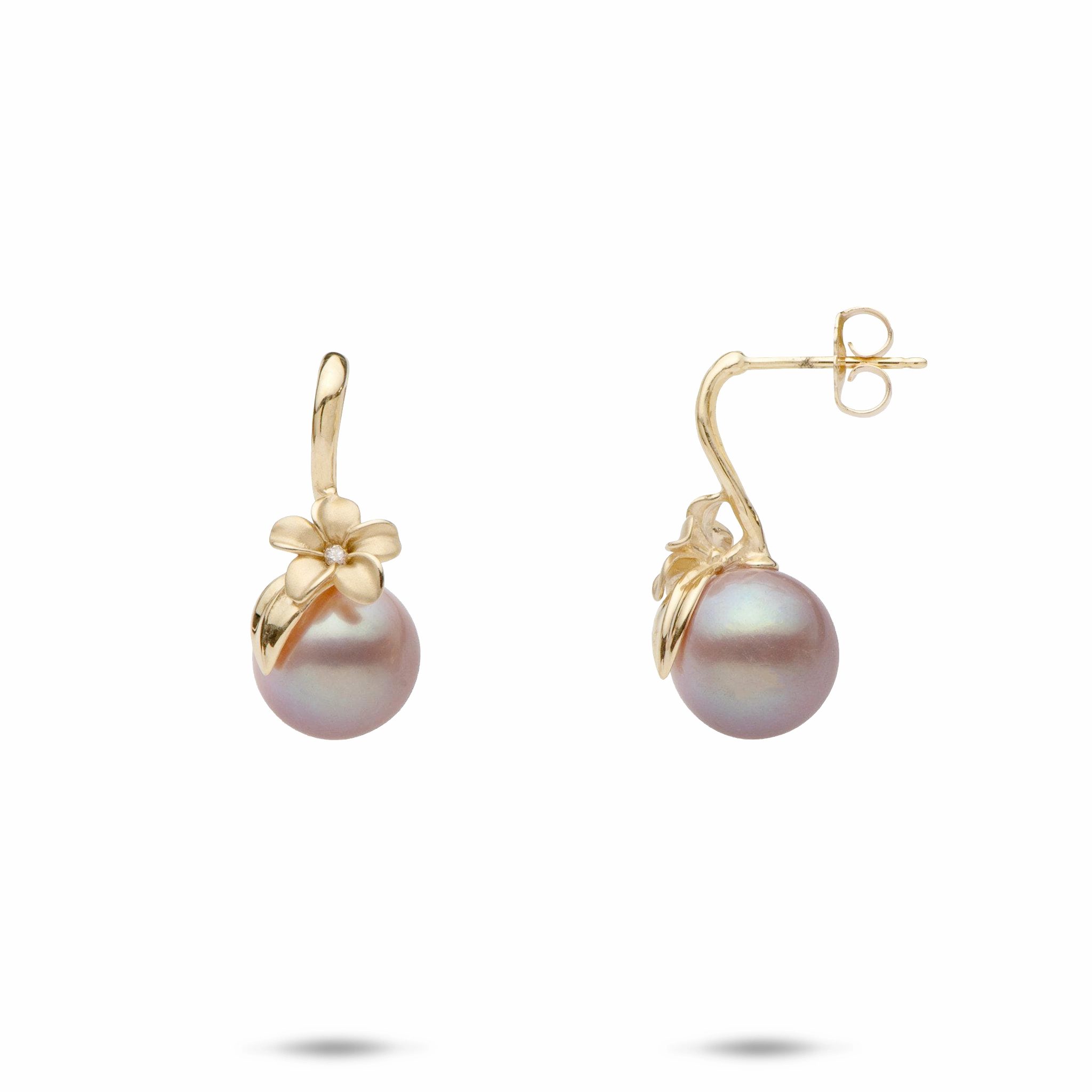 Shining Gem Plumeria Lavender Freshwater Pearl Earrings in Gold with Diamonds - 9-10mm