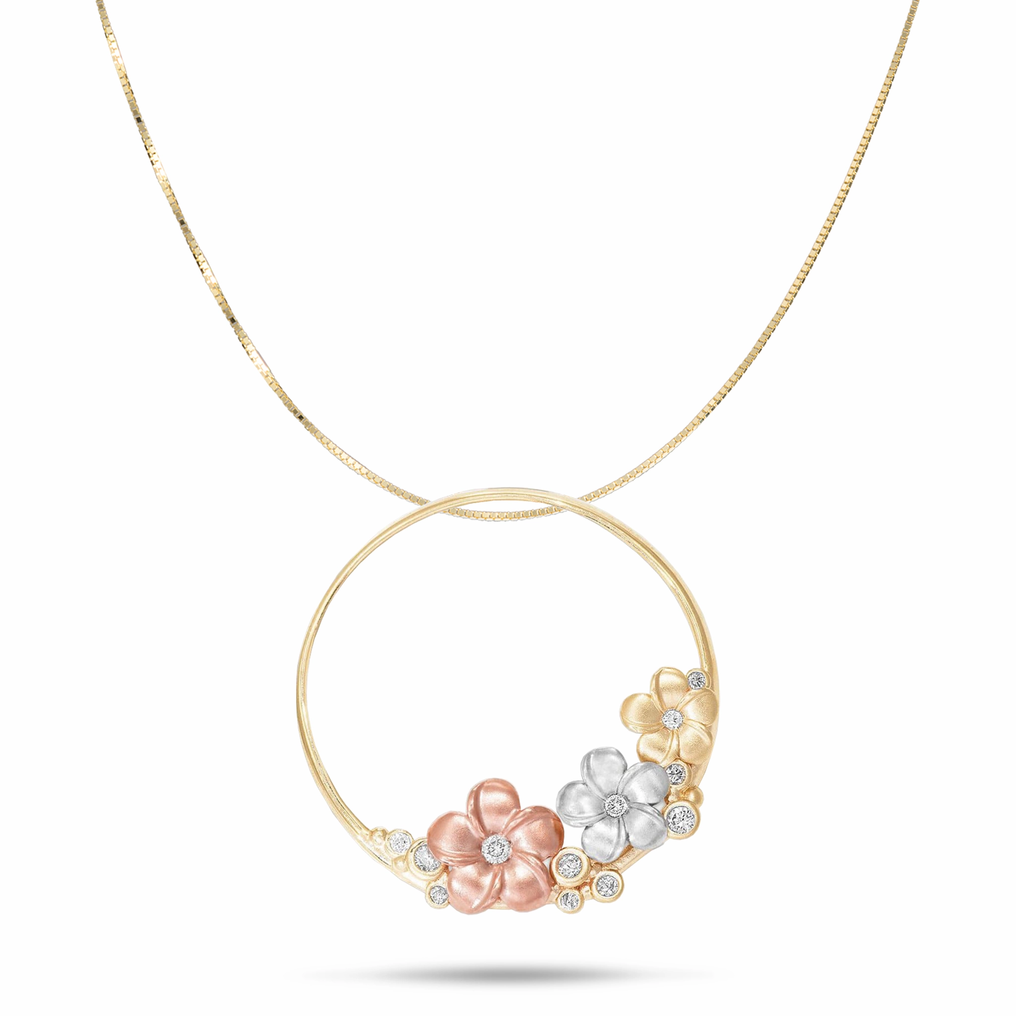 Plumeria Necklace in Tri Color Gold with Diamonds - 22mm Camera Ready Style Statement