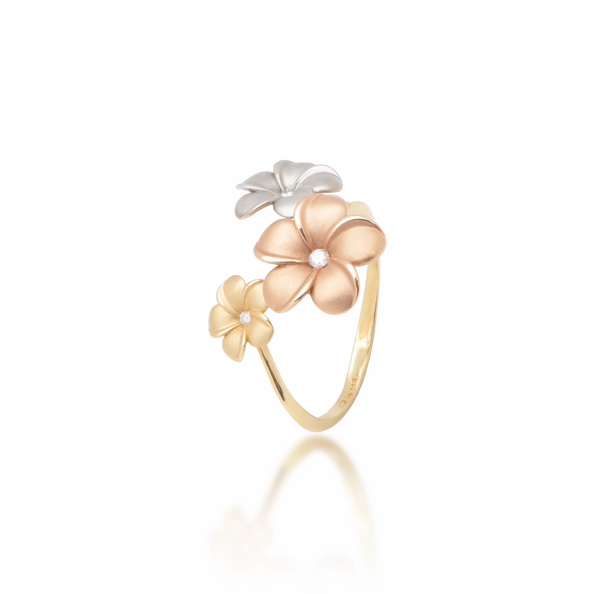 Plumeria Ring in Tri Color Gold with Diamonds - 12mm Dynamic Accent