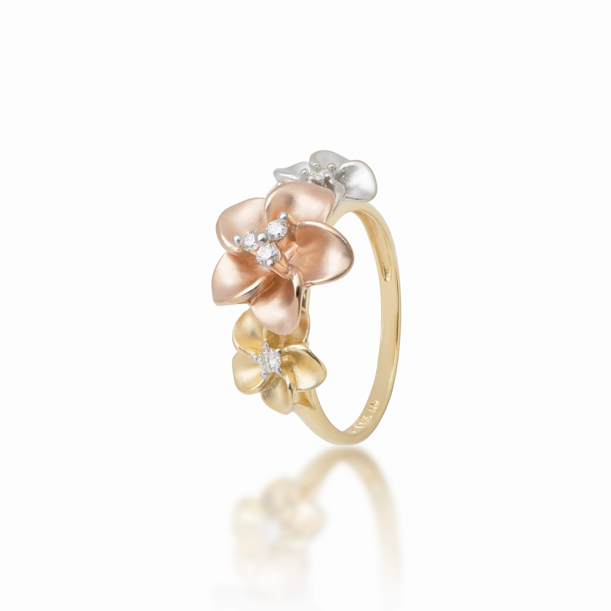 Clean Lines Plumeria Ring in Tri Color Gold with Diamonds - 12mm