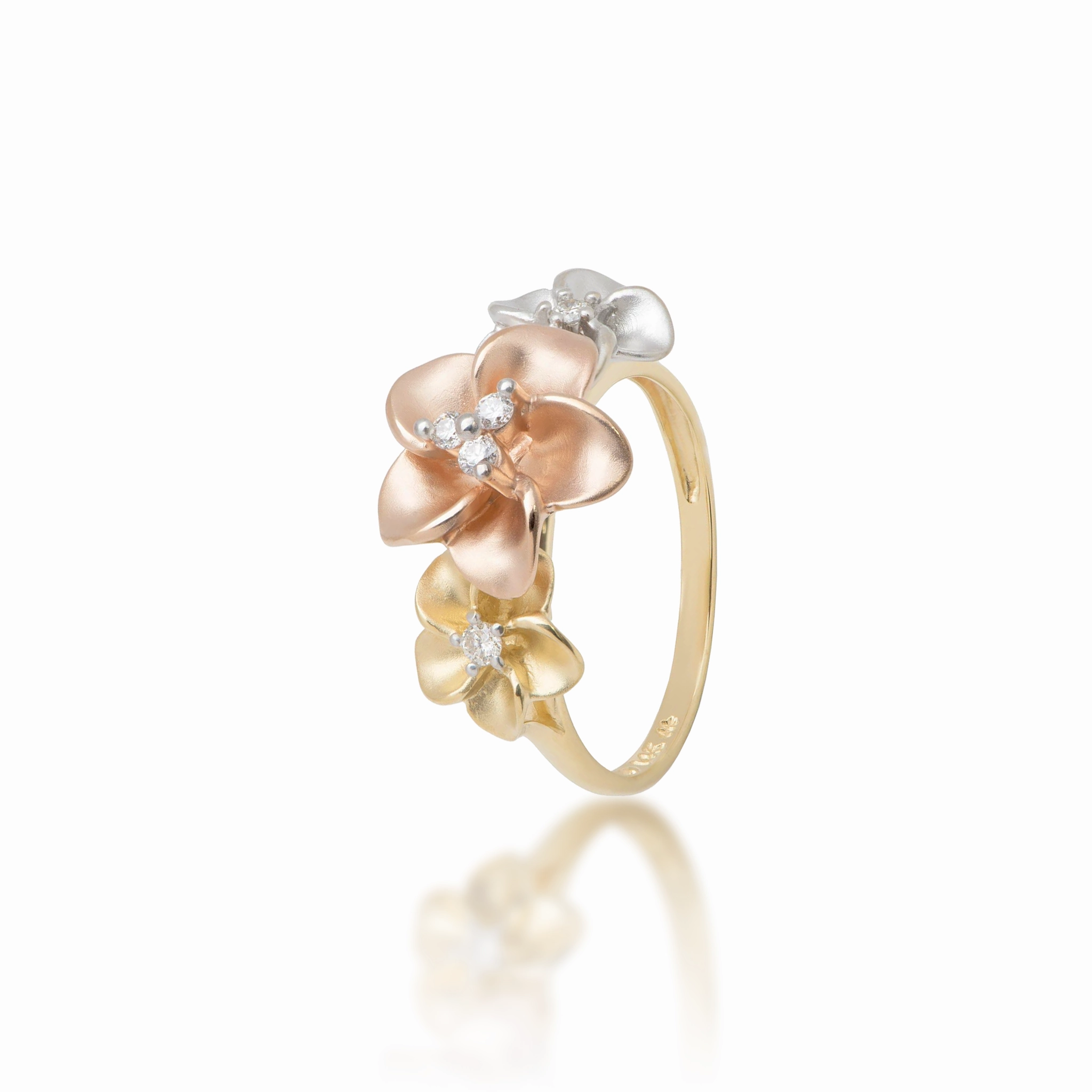 Plumeria Ring in Tri Color Gold with Diamonds - 12mm Occasion Wear Artisan Craft