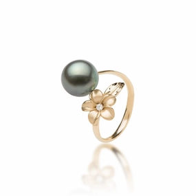 Petite Edge Luxury Gifts Plumeria Tahitian Black Pearl Ring in Gold with Diamond - 9mm