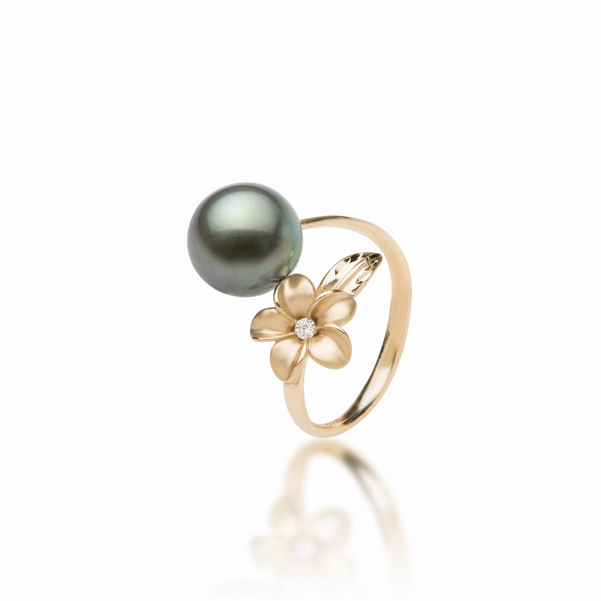 Petite Edge Luxury Gifts Plumeria Tahitian Black Pearl Ring in Gold with Diamond - 9mm