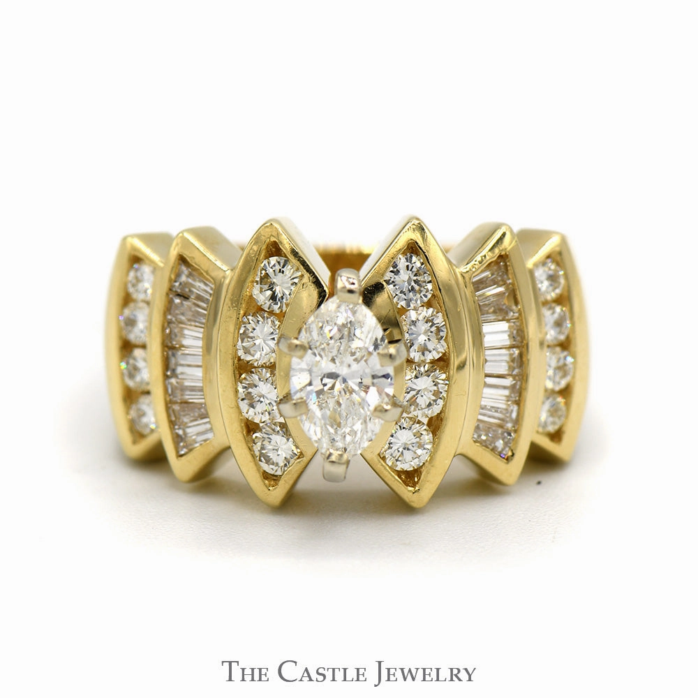 1.38cttw Marquise Cut Diamond Solitaire Ring with Channel Set Diamond Accents in 14k Yellow Gold Practical Look Lustrous Accent