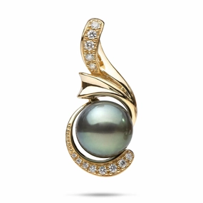 Tahitian Black Pearl Pendant in Gold with Diamonds - 14-15mm Chic Duo