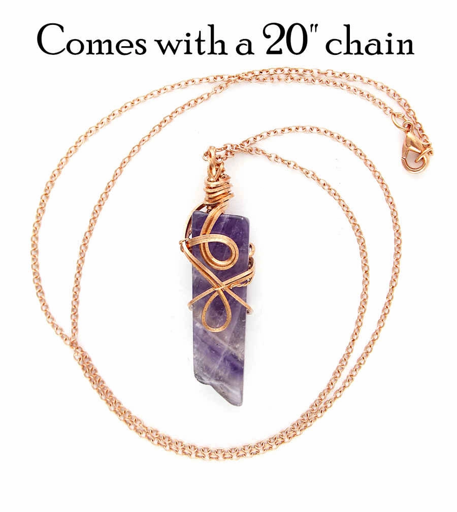 Polished Amethyst Bar Swirl Pendant Necklace, Copper Wire-Wrapped, Handmade w/ 20-Inch Chain Celebration Time Music Festival