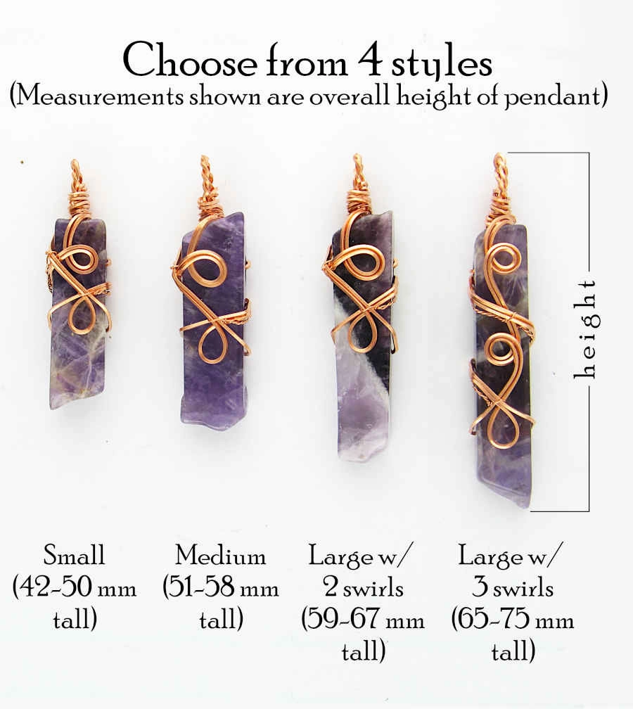 art show Polished Amethyst Bar Swirl Pendant Necklace, Copper Wire-Wrapped, Handmade w/ 20-Inch Chain
