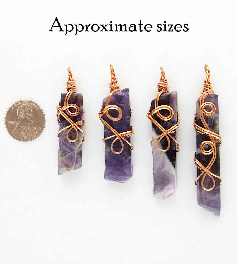 Cultural Gift Valentine Item Polished Amethyst Bar Swirl Pendant Necklace, Copper Wire-Wrapped, Handmade w/ 20-Inch Chain