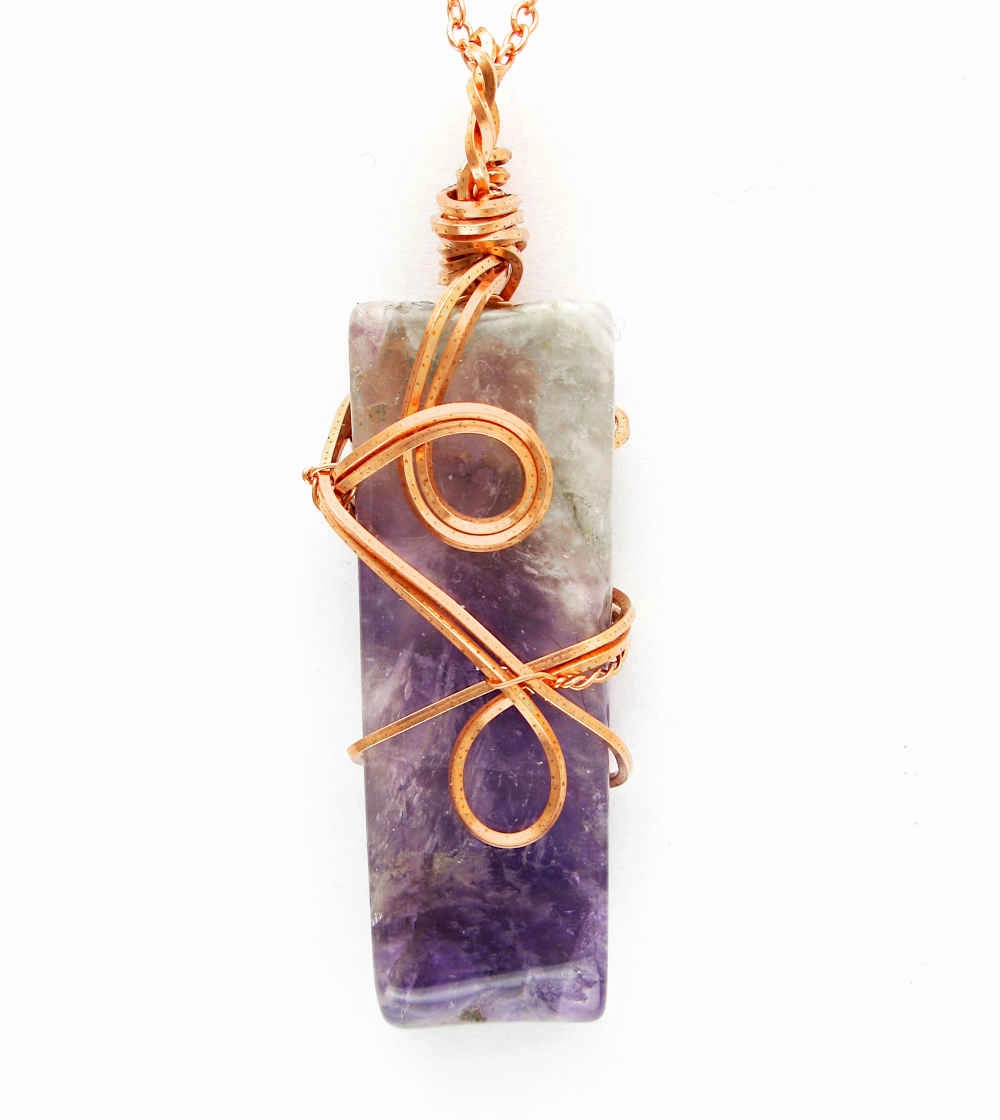 Denoting Adornment Polished Amethyst Bar Swirl Pendant Necklace, Copper Wire-Wrapped, Handmade w/ 20-Inch Chain