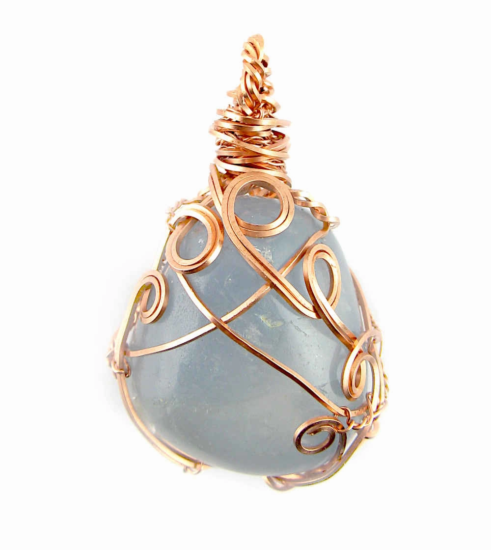 Gleaming Highlight Polished Blue Celestite Pendant Necklace, Copper Wire-Wrapped, with 20" Chain, Handmade #1