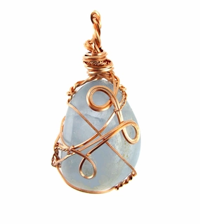 Polished Blue Celestite Pendant Necklace, Copper Wire-Wrapped, with 20" Chain, Handmade  #10 Birthday Accent