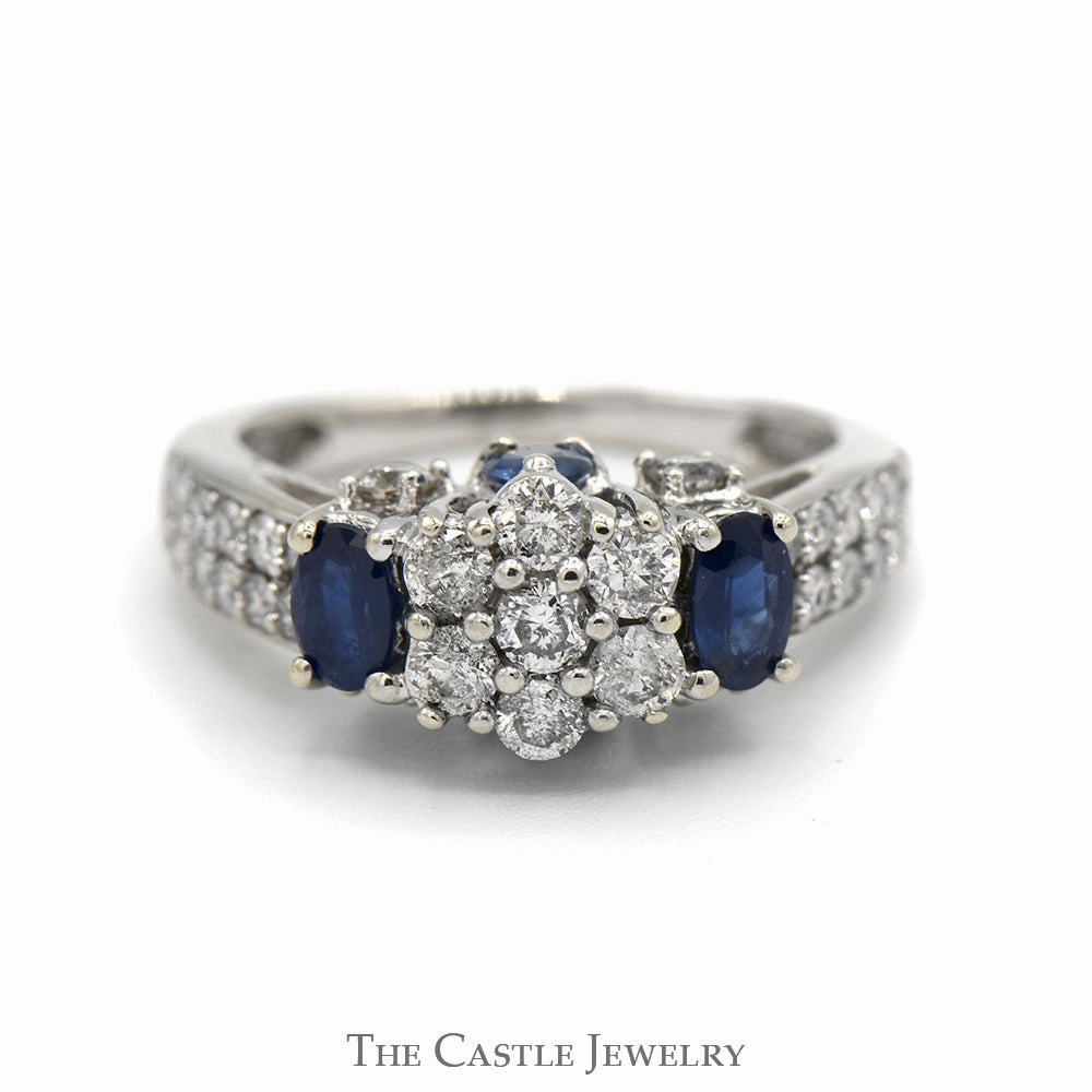 1cttw Diamond Flower Cluster Engagement Ring with Sapphire & Diamond Accents in 10k White Gold State Emblem