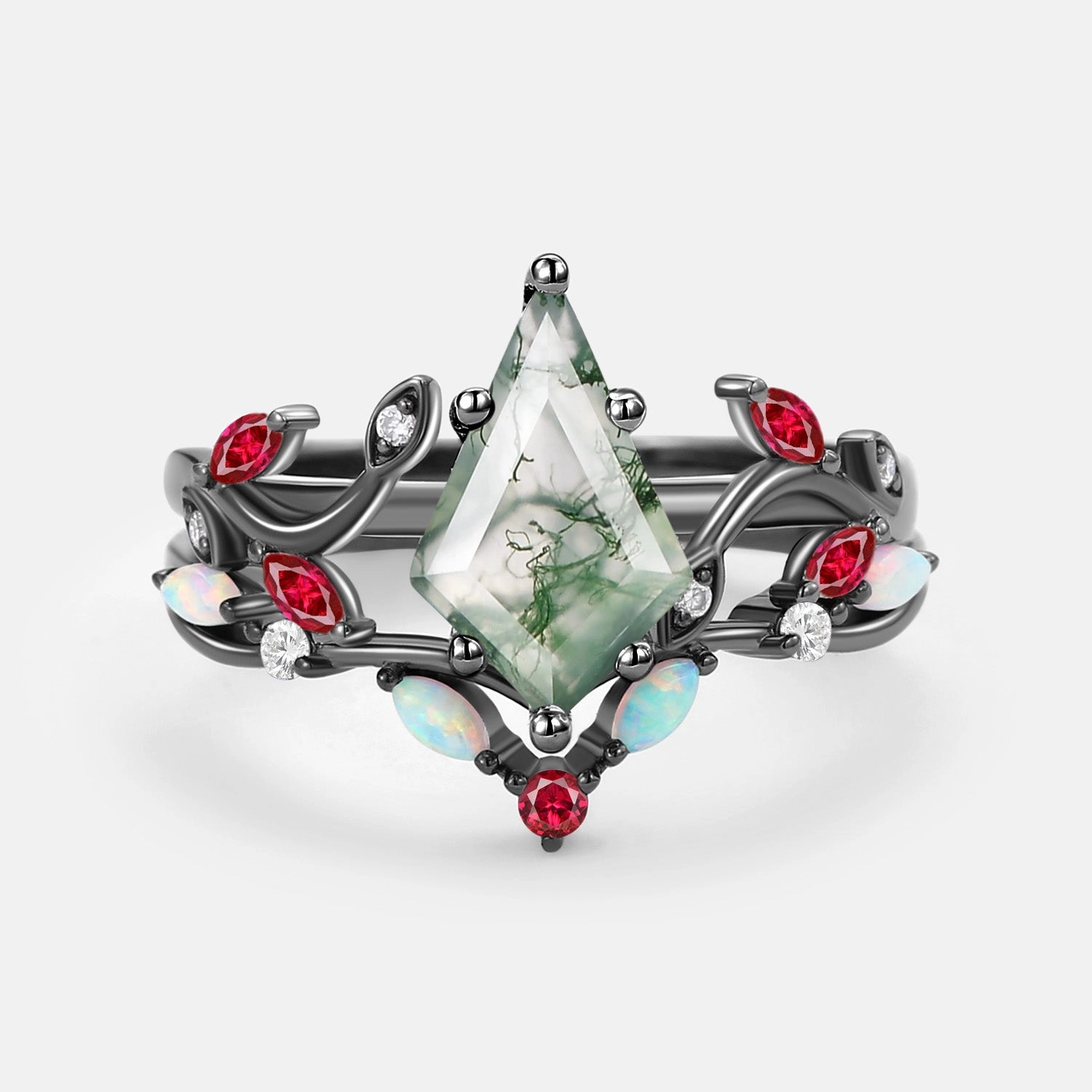 Bold Finish Flawless Touch Moss Agate & Opal & Ruby Unique Engagement Ring Set 2pcs