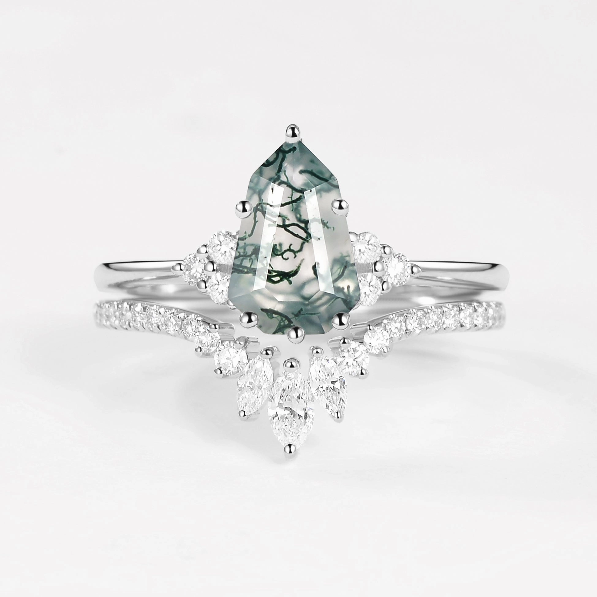 Pear-shaped Fancy Cut Moss Agate Engagement Ring Set 2pcs - Lydia Fresh Style Occasion Ready