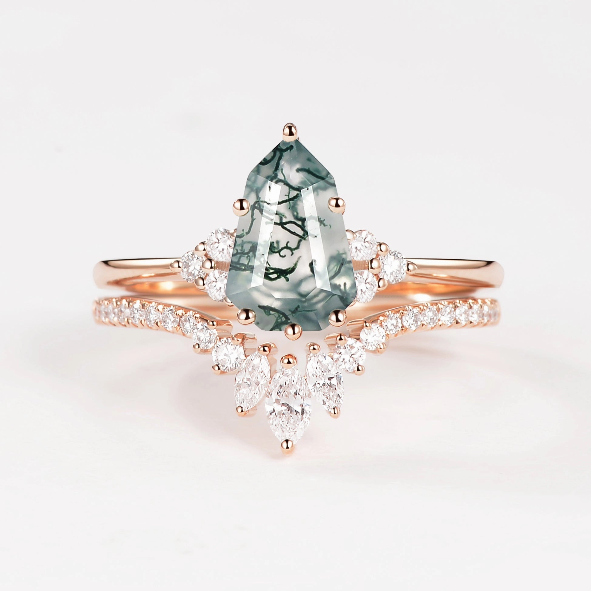 Graceful Craft Pear-shaped Fancy Cut Moss Agate Engagement Ring Set 2pcs - Lydia