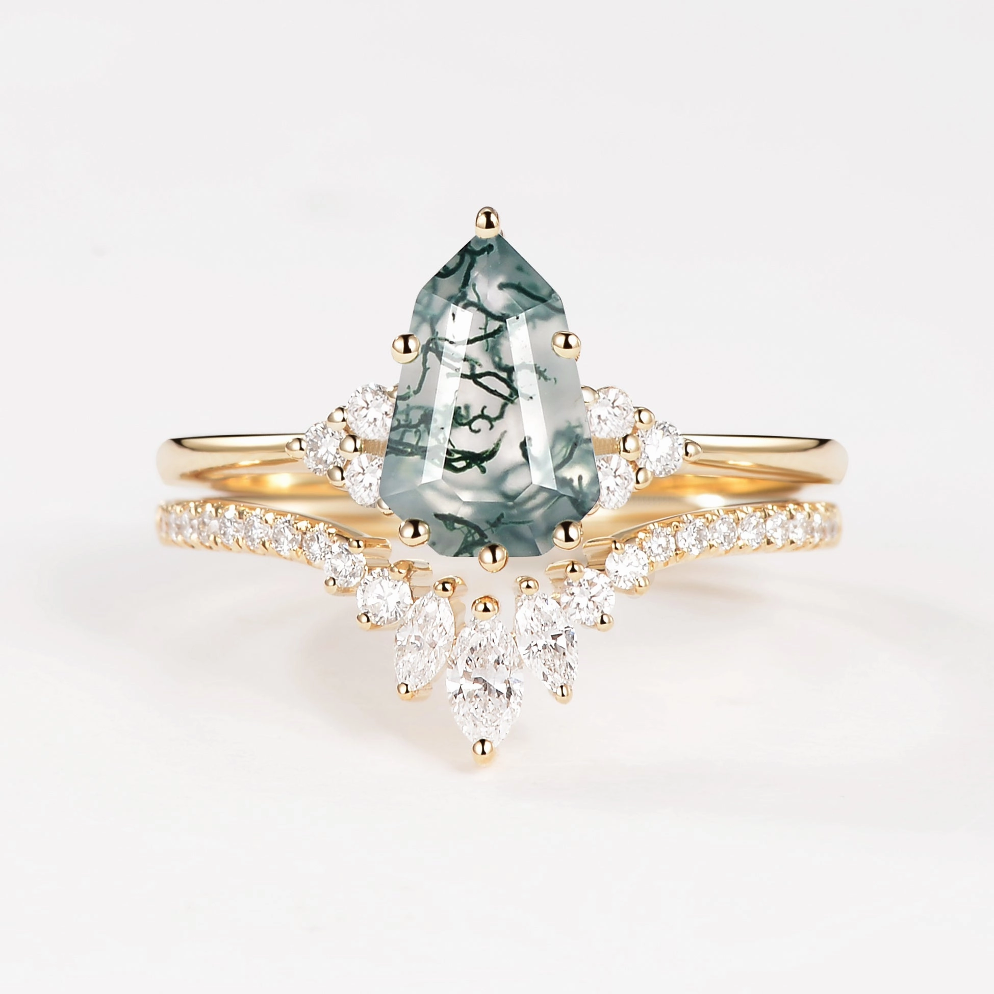 Pear-shaped Fancy Cut Moss Agate Engagement Ring Set 2pcs - Lydia Engagement Accent