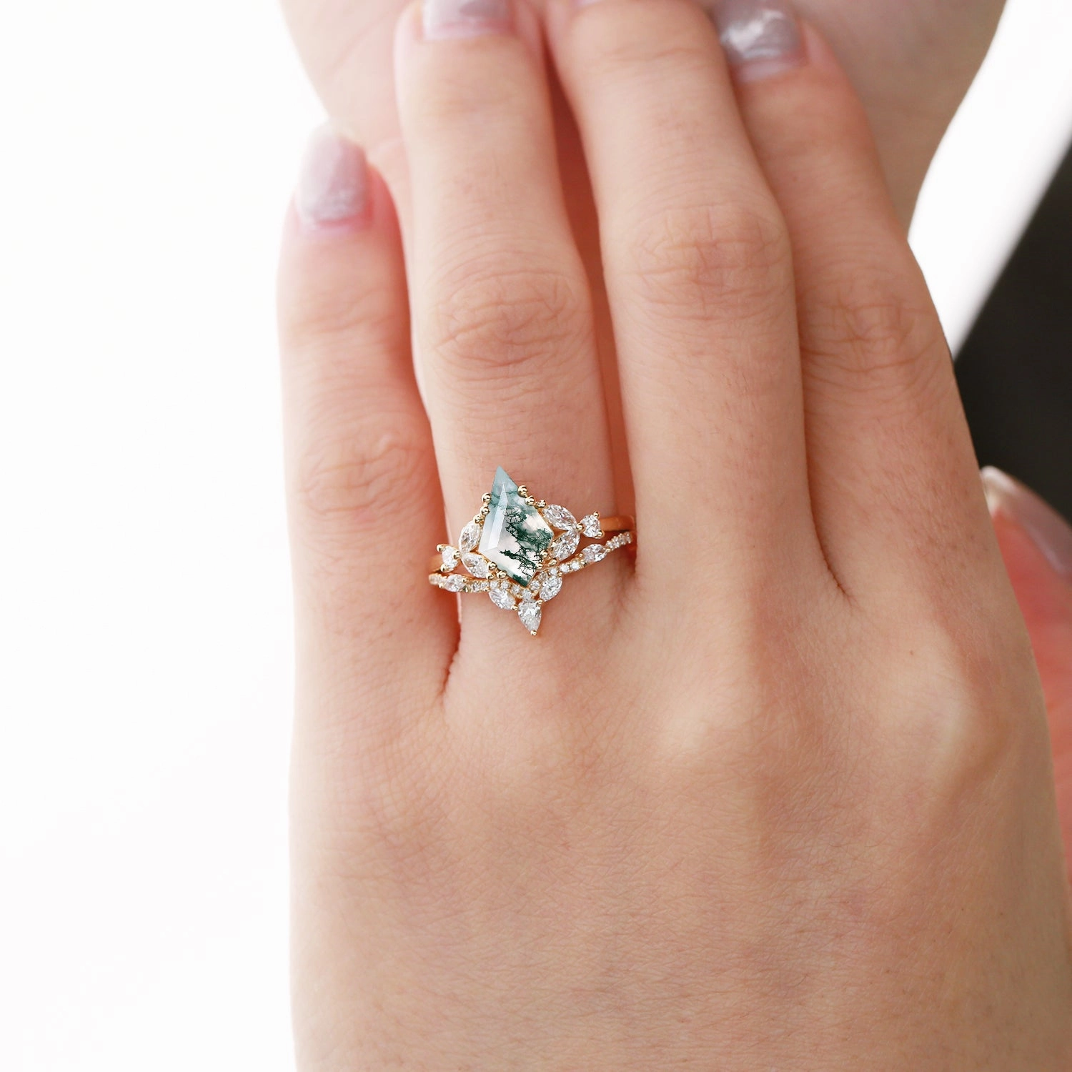 Black Gold Moss Agate Cluster Engagement Ring Set 2pcs Personalized Style