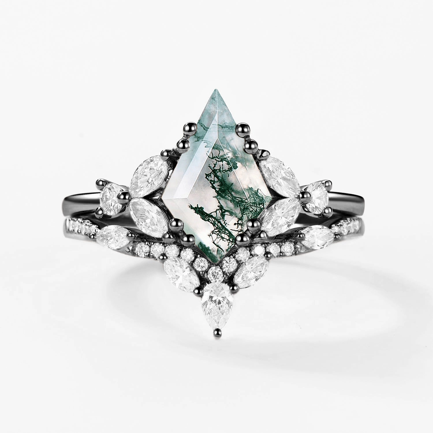 custom design Black Gold Moss Agate Cluster Engagement Ring Set 2pcs