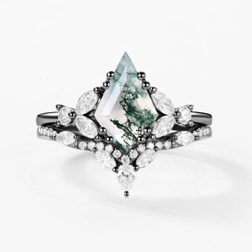 Impeccable Cut Black Gold Moss Agate Cluster Engagement Ring Set 2pcs